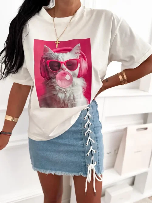 T-shirt damski oversize z nadrukiem kota i okularami